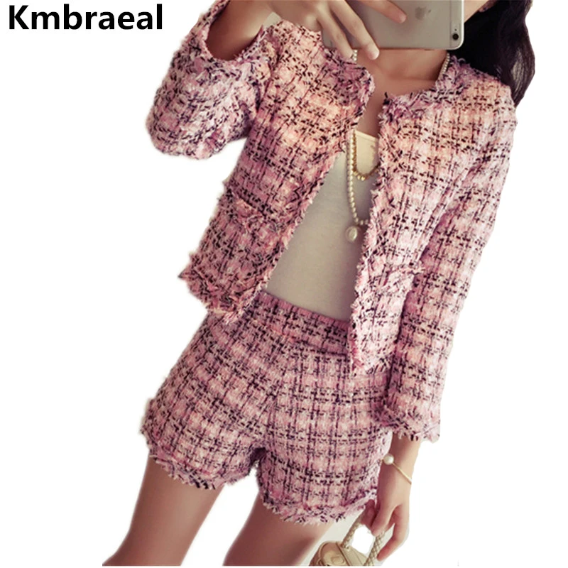 

Korean Ladies Autumn Winter Tweed 2 Piece Set Women Vintage Plaid Slim Short Jacket Coat Top + Tassel Shorts Two Piece Set Suits