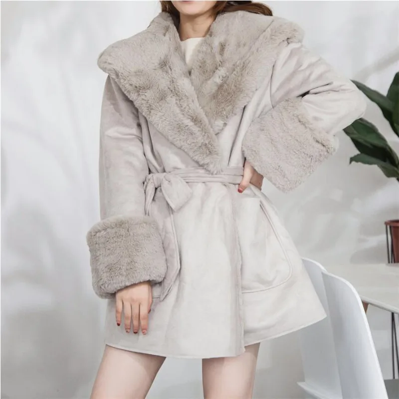 Women Suede Faux Hair Parkas Female Autumn Winter Thicken Oversized Velvet Outwear Womens Fur Collar Jacket Coat Ds50241