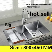 Кухонная Раковина Стандартный прочный 304 нержавеющая сталь ручной работы двойной паз Лидер продаж 800x450x210 мм