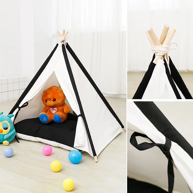 

Tent Cat and Dog Open Fabric Wooden Pet House Portable Foldable Playhouse for Kids Indoor Triangle Tents