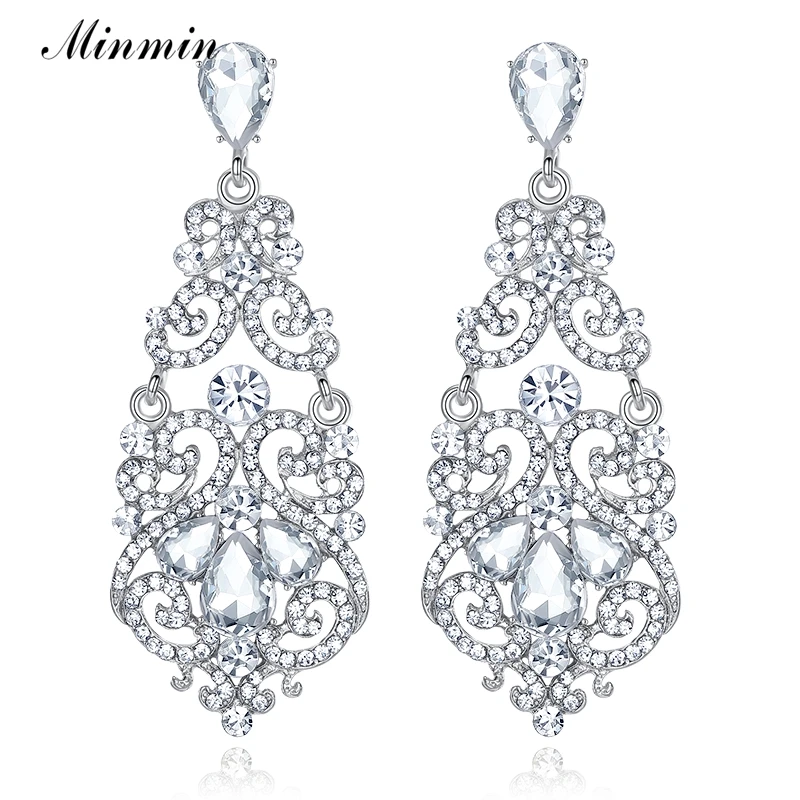 

Minmin Fashion Large Floral Silver Color Teardrop Crystal Long Drop Earrings Rhinestone Big Earrings Wedding Jewelry 2019 EH373