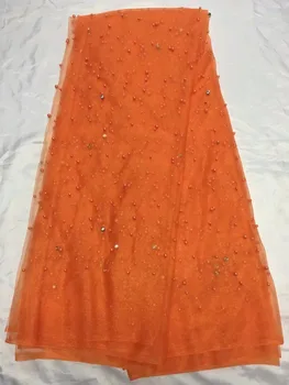 

African Lace Fabric high quality orange lace Embroidered french tulle lace fabrics with rhinestones and beads for party 5yards