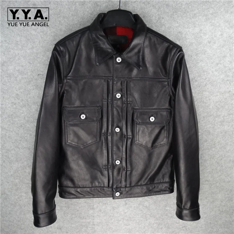 

Genuine Leather Mens Jacket Designer Classic Black Single Breasted Cowboy Jacket Fashion High Quality Leather Short Coats Male