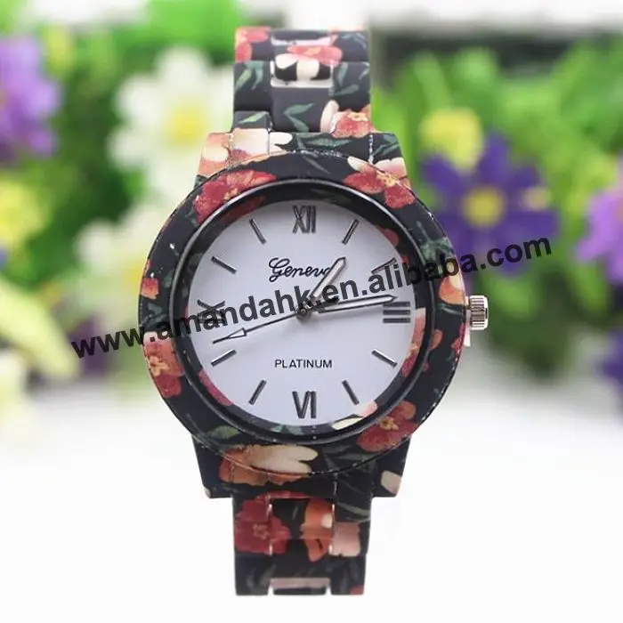 

Summer New Fashion Printed Flower Casual Watch Ladies Quartz Alloy Case Silicone Bracelet Watches Women Dress Wristwatch