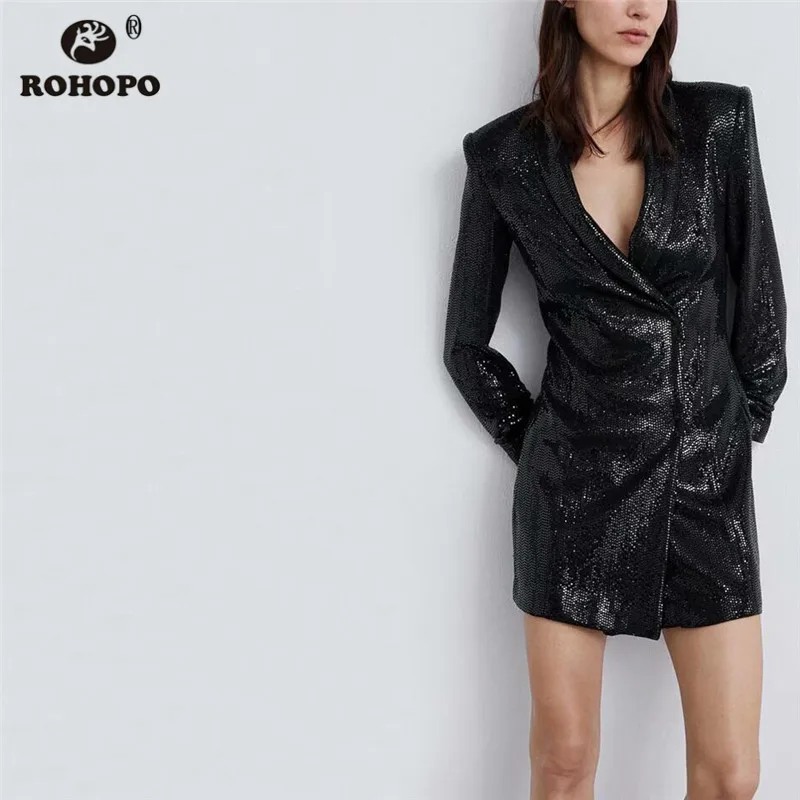 ROHOPO Black Polk Dot Sequined Straight Mini Dress Lantern Long Sleeve Autumn Notched Collar Vintage Tunic Dresses #HY8659 | Женская