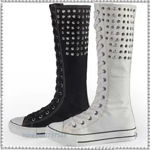 hot sale new fashion women punk rivets canvas knee high boots flats lace up zipper shoes high top woman breathable long boots