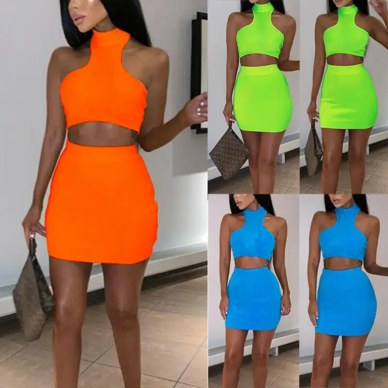 

Womens Summer 2 Piece Crop Top Shirt Vest Skirt Dress Set Summer Female Sleeveless Halter Knitting Holiday Street Sets Clothes