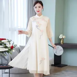 2019 Лето Горячая Распродажа элегантный белый cheongsam Китайский классический qipao короткий рукав Новинка печати сексуальное длинное платье