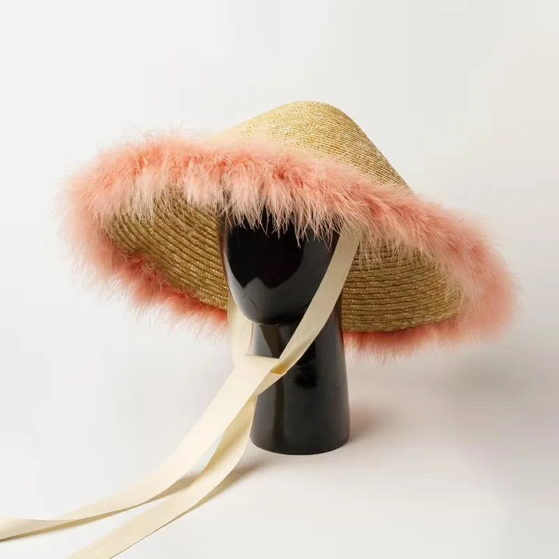 01909-HH7320 ручная тканая соломенная цветная перо бамбуковая моделирование шляп модная модель шоу Кепка Женская Досуг праздник пляж шляпа