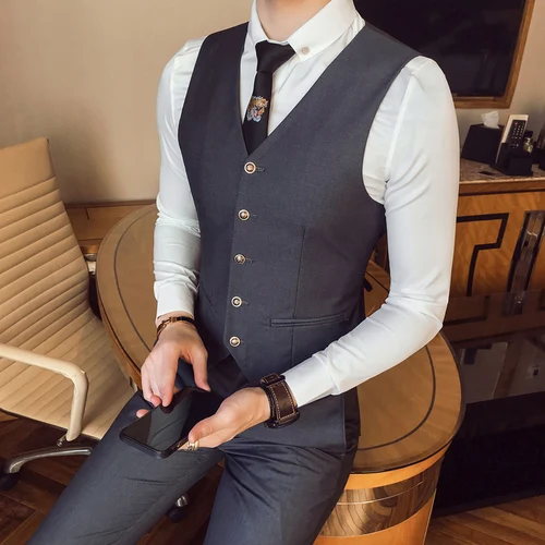 Однотонные мужские жилеты деловые Свадебные банкетные мужские платья жилет Азиатский размер XXL XXXL жилет для досуга мужской верх - Цвет: A gray vests