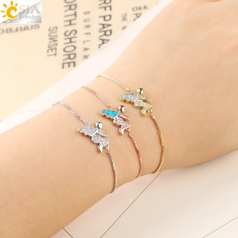 

CSJA Little Angel Charms Link Bracelet for Girls Women Kids Bracelets Opal Zircon CZ Gold Color Chain Wedding Jewelry Gifts G108