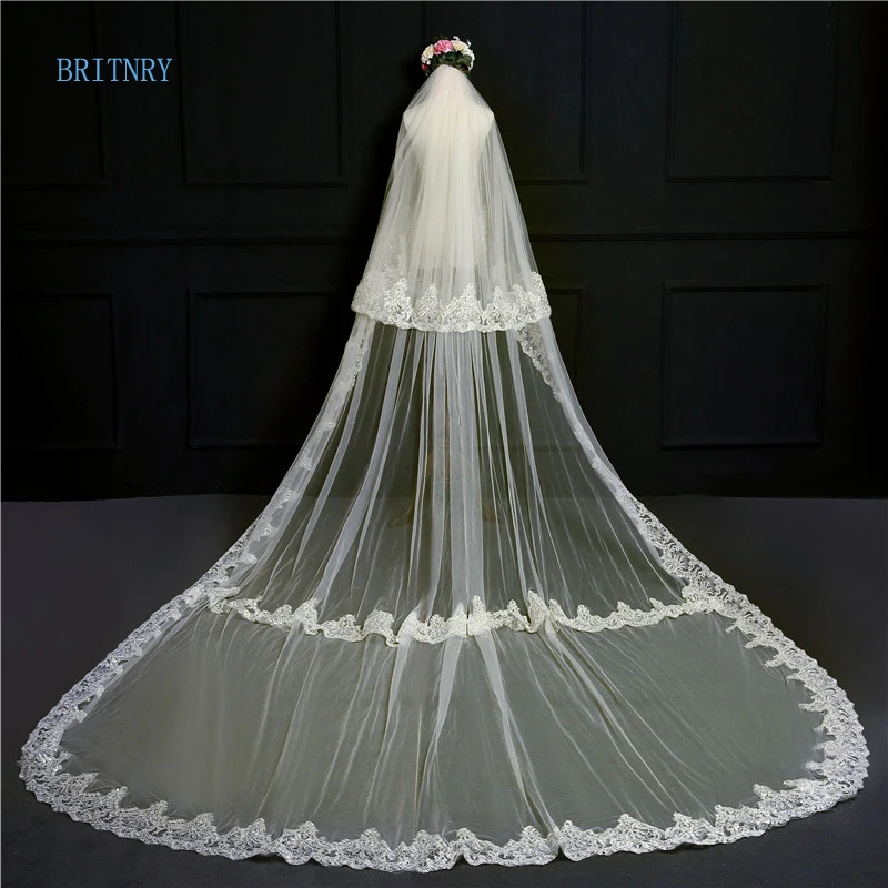 BRITNRY Real Photos Cathedral Wedding Veil Long Lace Edge with Sequins