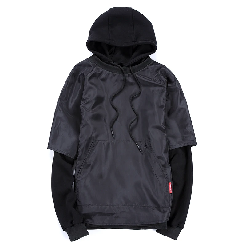 

New Autmn Hooded Hoodies Sweatshirts Men Fake Two Pieces Solid Elastic Windbreaker Pocket Jackets Coats Casual Fashion