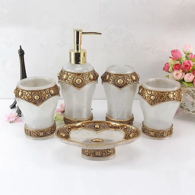 5 Pcs Luxury Roman Resin Bathroom Set Lotion Dispenser Tumbler 5 Pcs Luxury Roman Resin Bathroom Set Lotion Dispenser Tumbler Toothbrush Holder Soap Accessories Dish