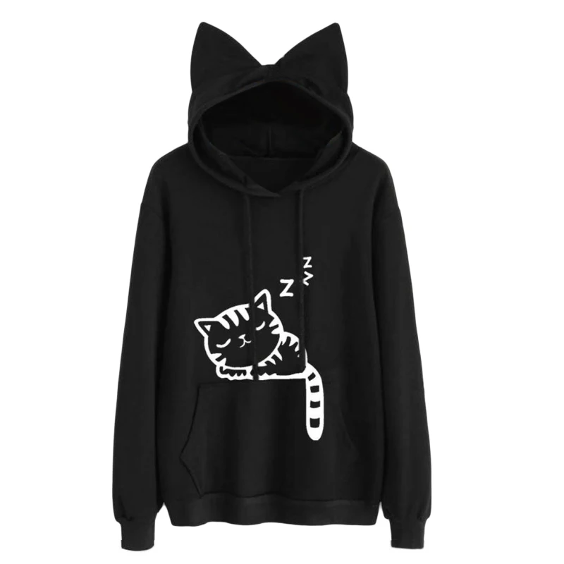 Online 2018 sudaderas con capucha con orejas de gato Kawaii para mujeres negras tapas lindo dibujo animado Sleeping Cat impreso Sudadera con capucha mujer suéter suelto prendas de vestir exteriores