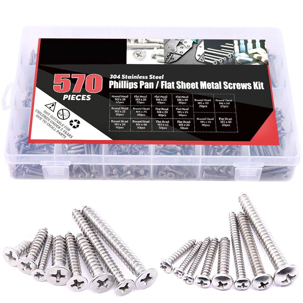 

Wholesales 570 Piece M3 M4 M5 M6 Stainless Steel Phillips Round Flat Head Self Tapping Screw Assortment Kit with a plastic Box