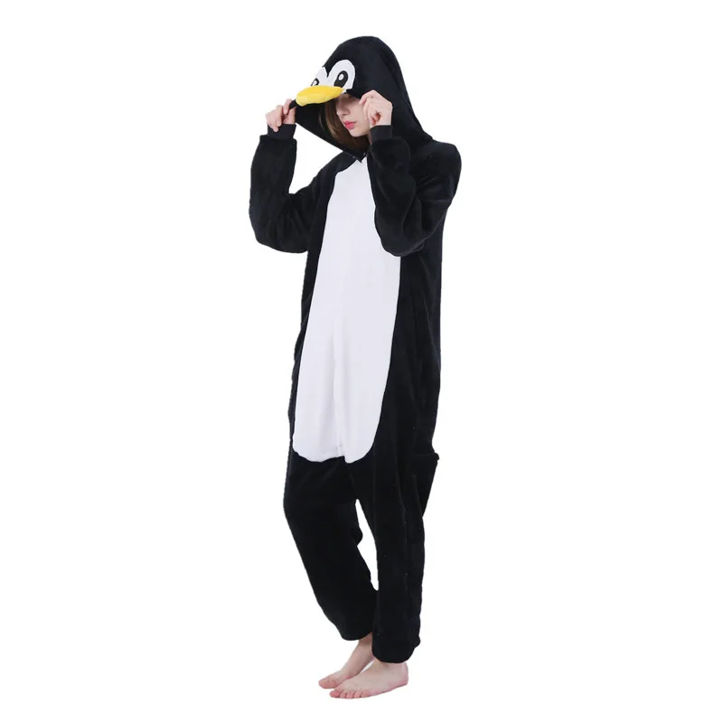 

Black Penguin Kigurumi Onesie Adult Women Animal Pajamas Suit Flannel Warm Sleepwear Onepiece Winter Warm Pijama Cosplay