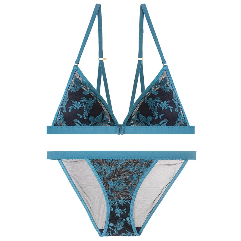 

Fashion Flowers Embroidery Lace Green Lingerie Set Transparent Bras Women Sexy Underwear Sets Plus Size 36 38 See Through Bra