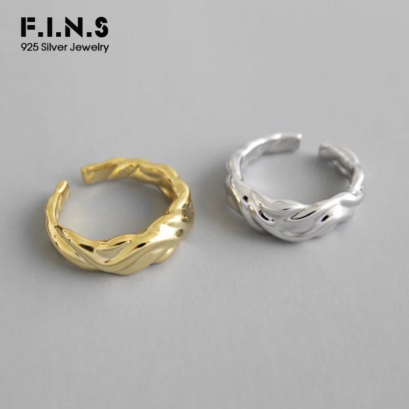 

F.I.N.S Real S925 Sterling Silver Ring Unique Irregular Concave Surface Wave Two-tone Female Ring Korean Opening Cuff Rings