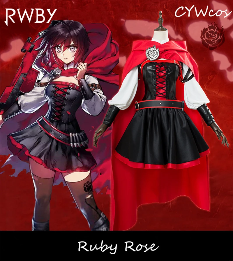 

Anime RWBY Cosplay Ruby Rose Season 3 Cosplay Costume Women Dress Outfits Cloak+Top+Dress+Belts+Socks