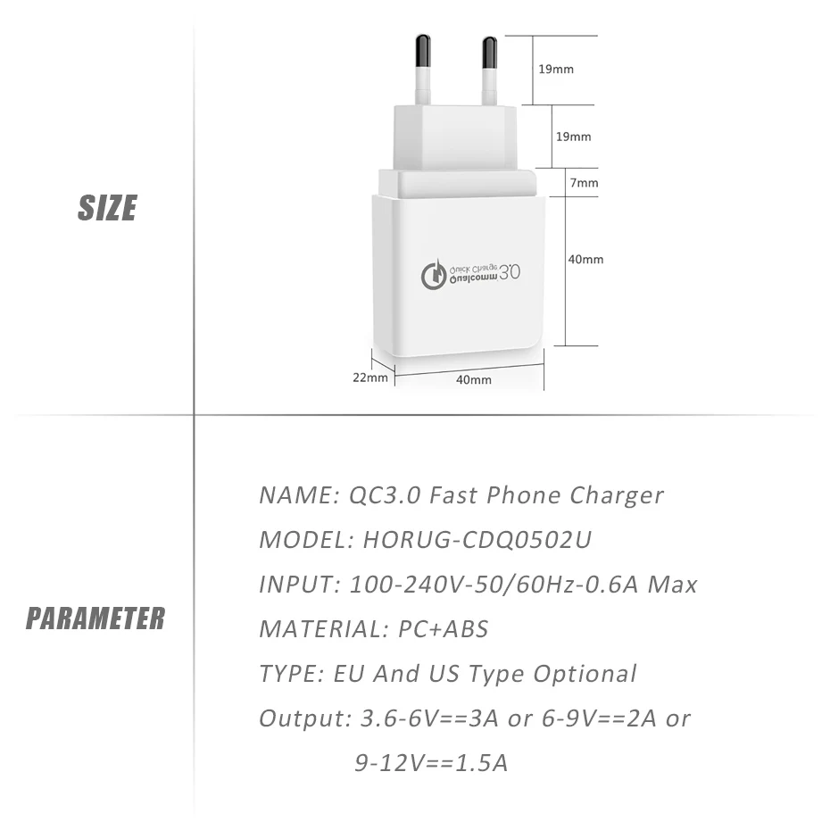 HORUG QC 3.0 Fast USB Charger USB Wall Adapter Universal Mobile Phone Battery Charger For iPhone 6 8 Plus Xiaomi Battery Charger (8)