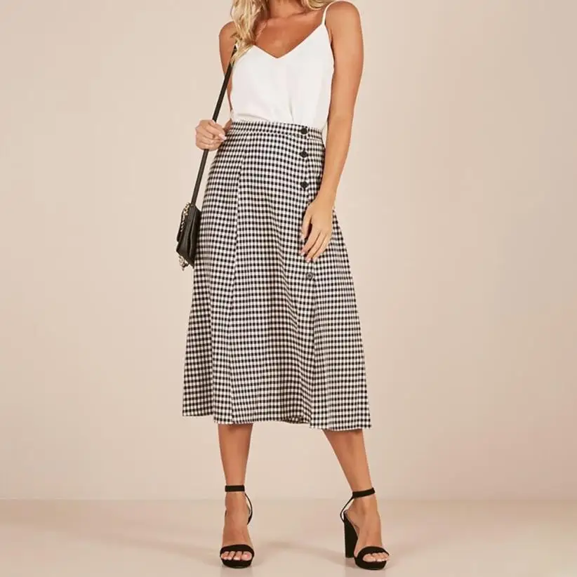Прямая поставка Новое поступление модные летние юбки женские клетчатые женские вечерние юбки с разрезом сбоку и пуговицами 50