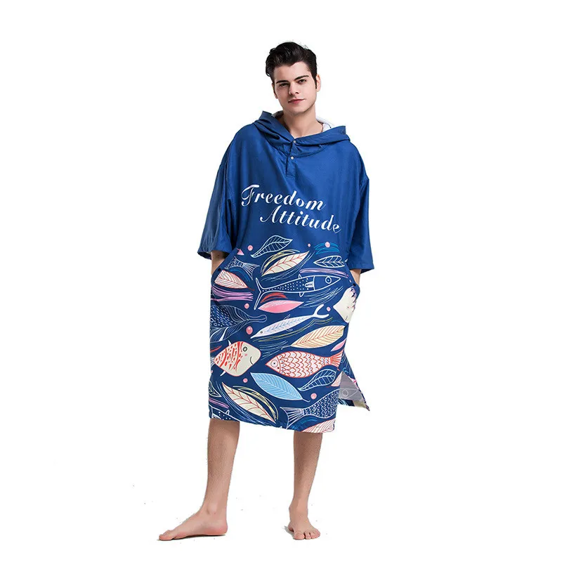 Blue Fish Printing Changing Robe Bath Towel Fashion Outdoor Adult Hooded Beach Towel Poncho