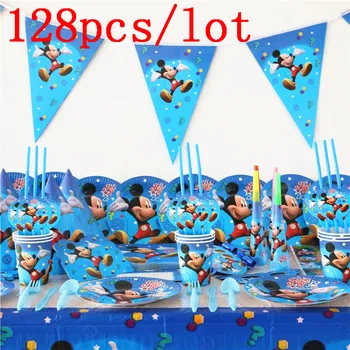 

128Pcs/Lot Disney Mickey Mouse Theme Boy Birthday Party Paper Cups Plates Horn Mask Family Party Cap Gift Bag Decoration Supply