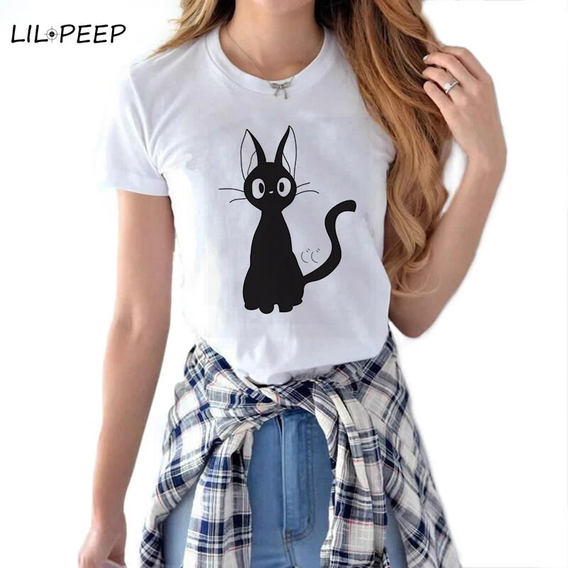 

JiJi- Kikis Delivery Service Black Cat Aesthetic Japanese Camiseta Mujer Cotton Women T Shirt Vogue Vintage Harajuku Streetwear