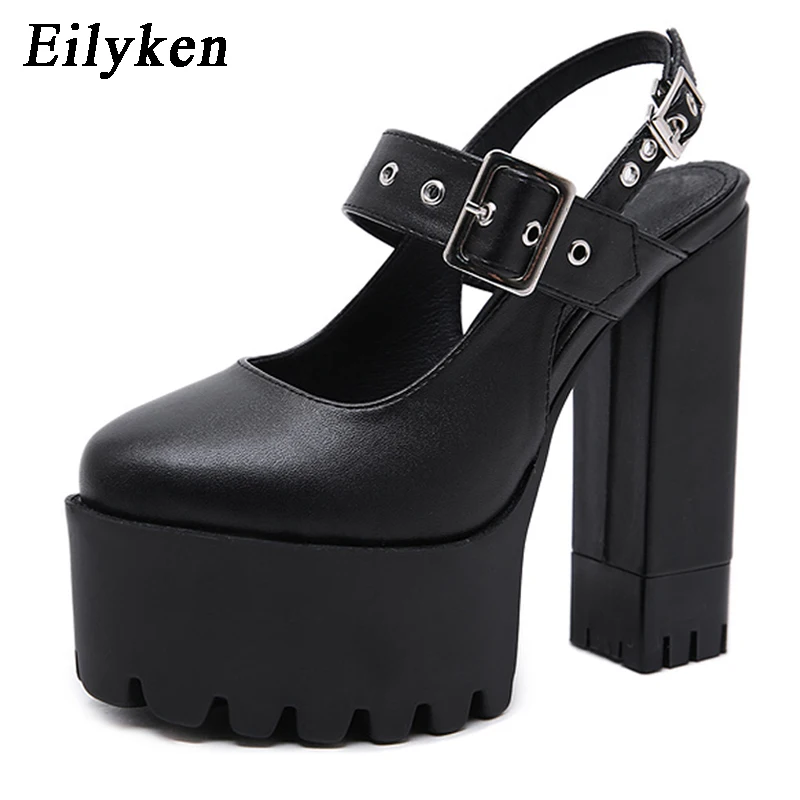 Eilyken Women Pumps Shoes Round Toe Super High Heel Pumps Buckle Strap Party Rivet Shoes Square Heel Black Pumps Size 34-39