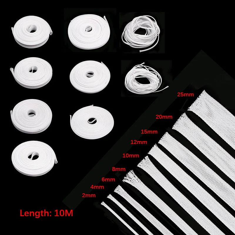 

10M 2/4/6/8/10/12/15/20/25mm White Wire Cable Protecting Cable Sleeve PET Nylon Braided High Density Sheathing Insulation