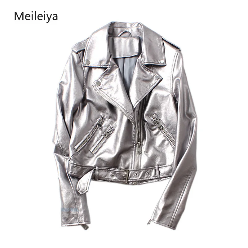 

2019 Autumn New European Station Silver Female PU Wash Locomotive Leather Belt Women Leather Jacket Baijinyanse Zipper