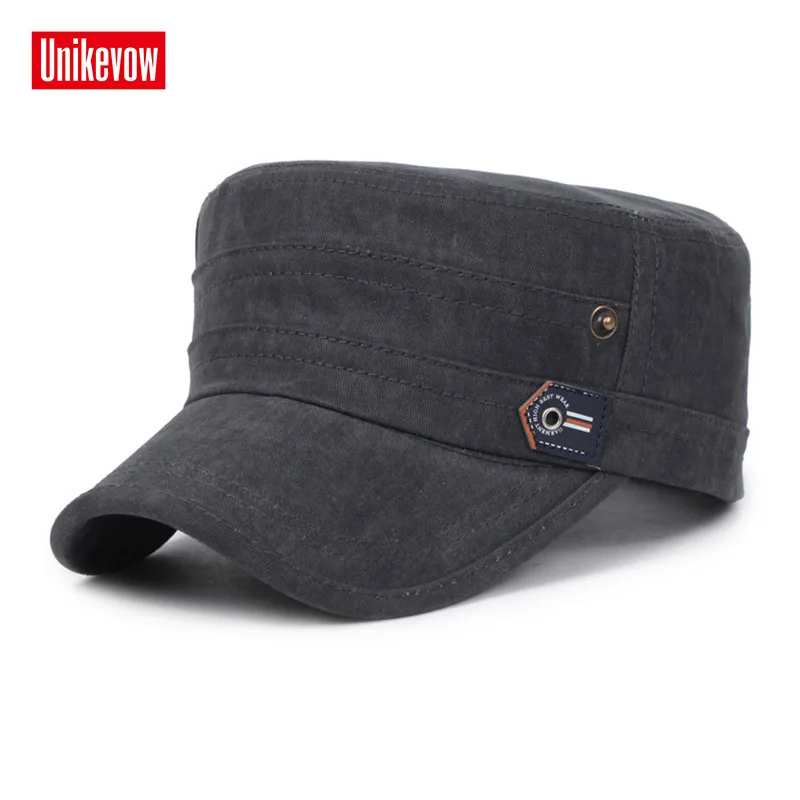 

UNIKEVOW Solid military cap Botton washed Flat top Hat for men and women Outdoor cap high quality sport breathable hat