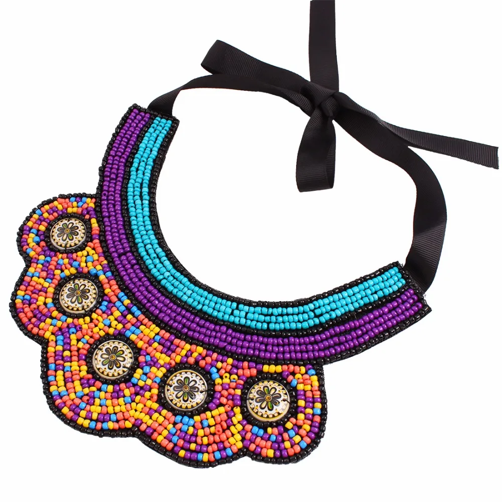 OMGALA Elegant Bohemia Bead Choker Necklace Big Rhinestone Lace Maxi Necklaces&ampPendents Ribbon Chain Ethnic Jewelry For Women | Украшения