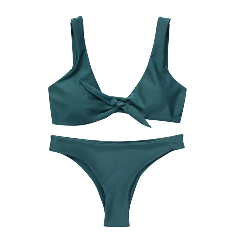 

2018 Newest Knotted Bikinis Women Swimsuit New Pure Color Bikini Set Padding Vest Scoop Neck Bikini Low Wait Bandage Swimwear