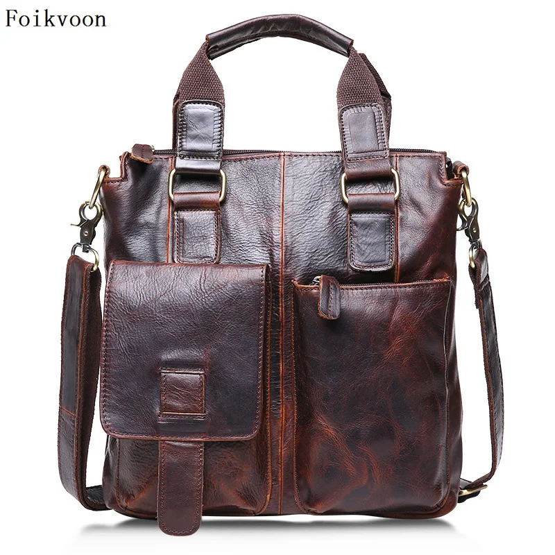 

Foikvoon Men's retro Handbags Split Leather Men Handbag Shoulder Solid Color 2018 Men Casual Shoulder Bag Messenger Bags
