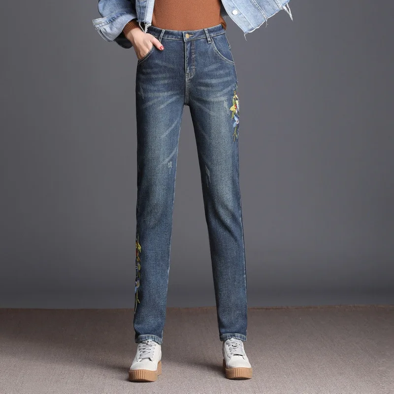 Cintura Alta Cálido Tamaño Gratis Envío Pantalones De Más Blue 2018 Terciopelo 26 Bordado Jeans Mujeres Invierno Lápiz Denim Fqz59b 40 vpCqP