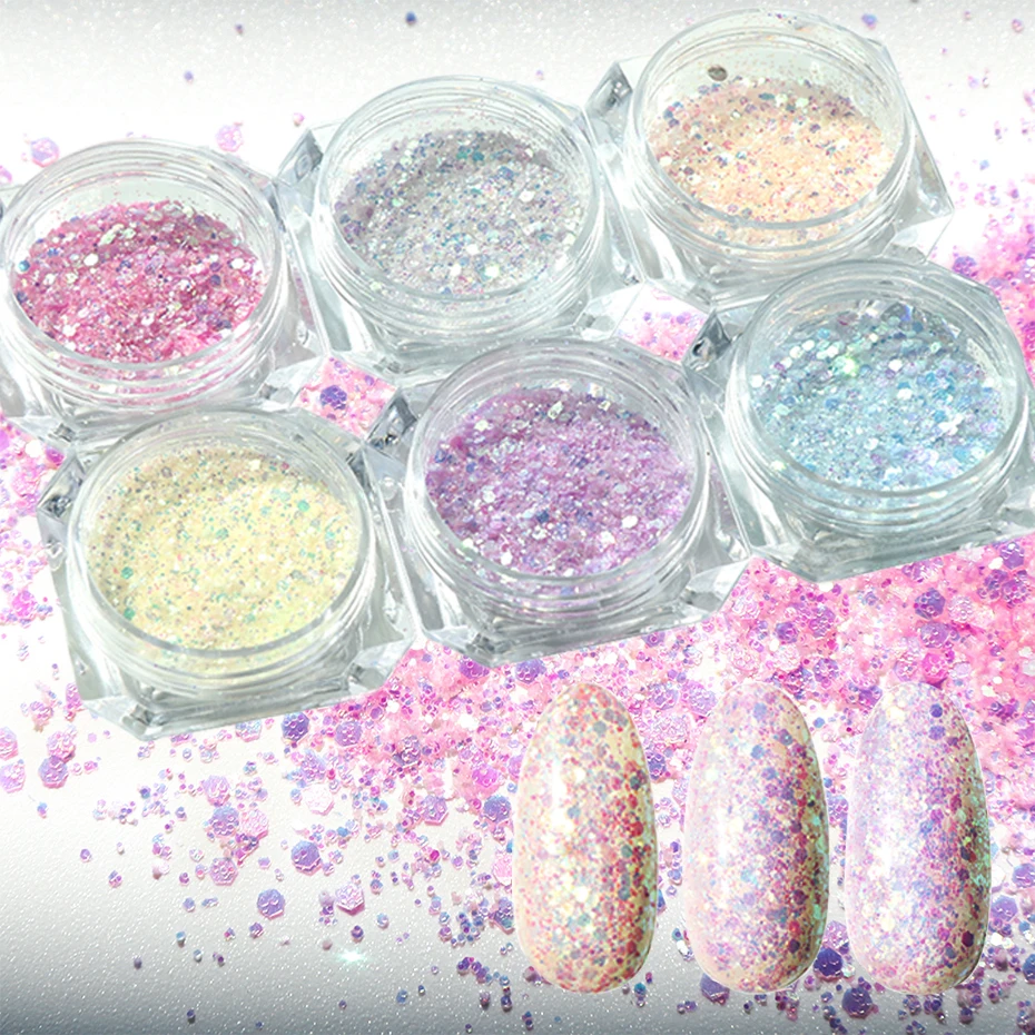 

6pcs Sunlight Gradient Nail Glitter Sensitive Changing Dipping Powder Mix Irregular Hexagon Pigments Sequin Manicure Decor LE722