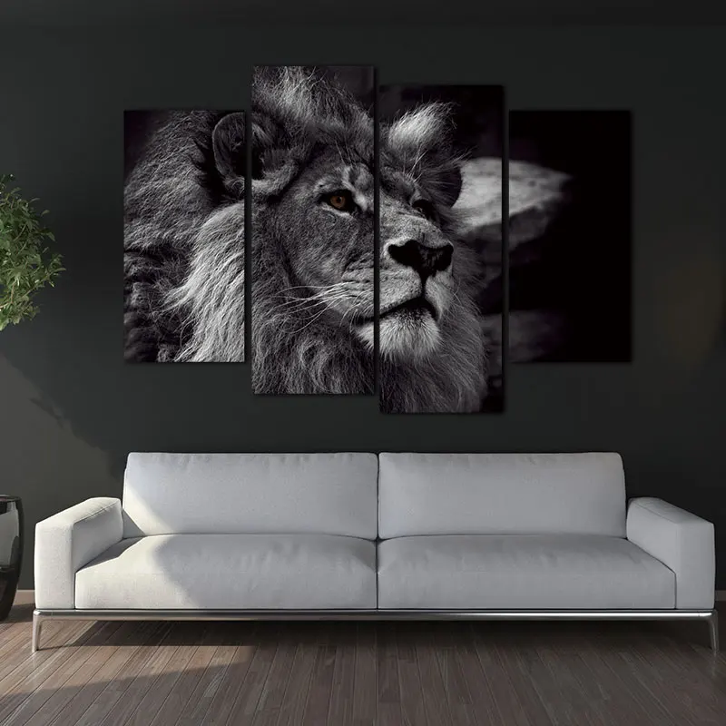 

Lion Head Portrait Wall Art Painting Black And White Gray Pictures Print On Canvas 4 Panels Modern Animal Picture For Decoration