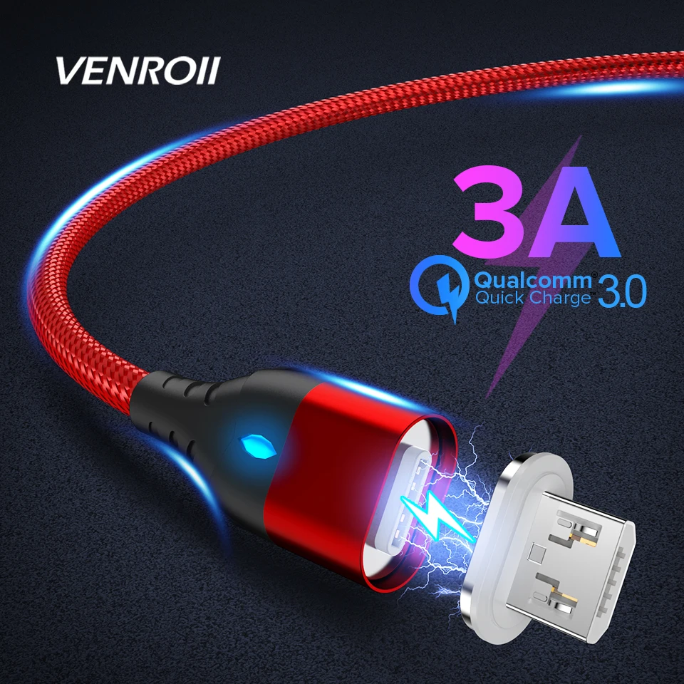 

Venroii 3A Magnetic Cable Micro USB Type C Fast Charging Type-C Magnet Phone Charger USB C for Samsung Huawei P20 Xiaomi Oneplus