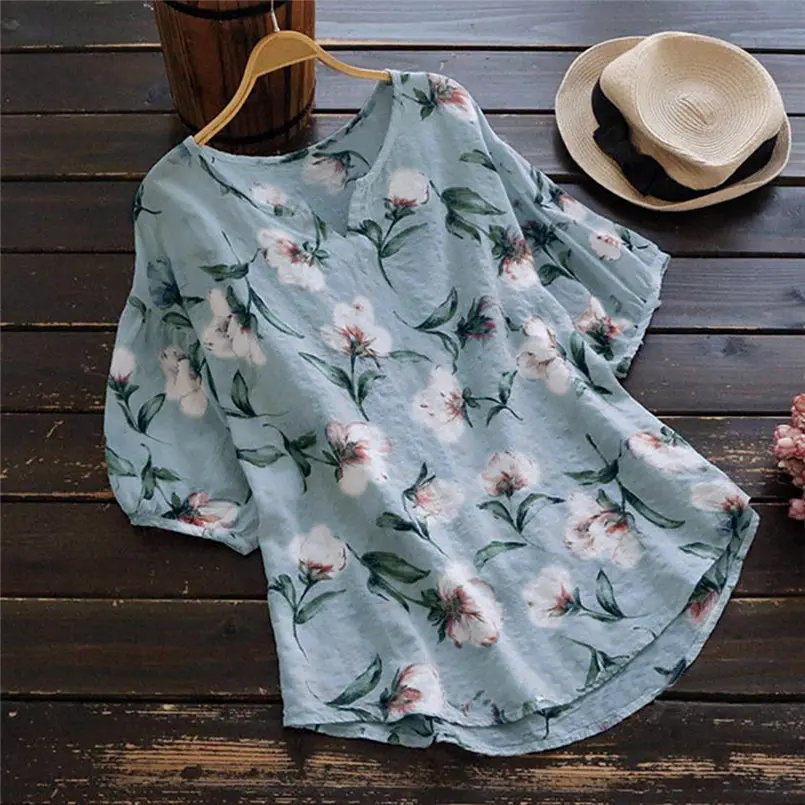 New Women Summer Casual Plus Size Shirt V Neck Half Sleeve Linen Vintage Boho Floral Print Elegant Fashion Loose Top Tops #4R03 (1)