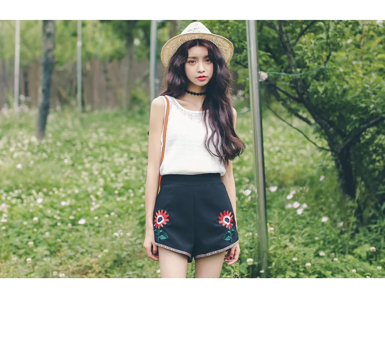 Qiukichonson летние шорты с вышивкой женские корейские Модные Винтажные Флористический с высокой талией Шорты белые черные шорты Горячие Брюки