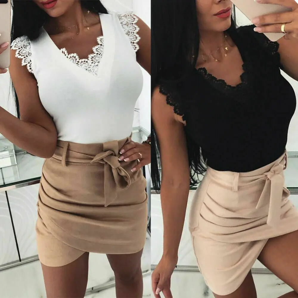 

2019 Fashion Women's Summer Lace V-neck Tank Tops Sexy Vest Top Clothes Camisole Sleeveless Casual Feamle Backless Bandage Tanks