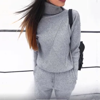 

Autumn Winter Knitted Tracksuit Turtleneck Sweatshirts Casual Suit Women 2 Piece set Sweaters Pant Sporting Suit Female A2725