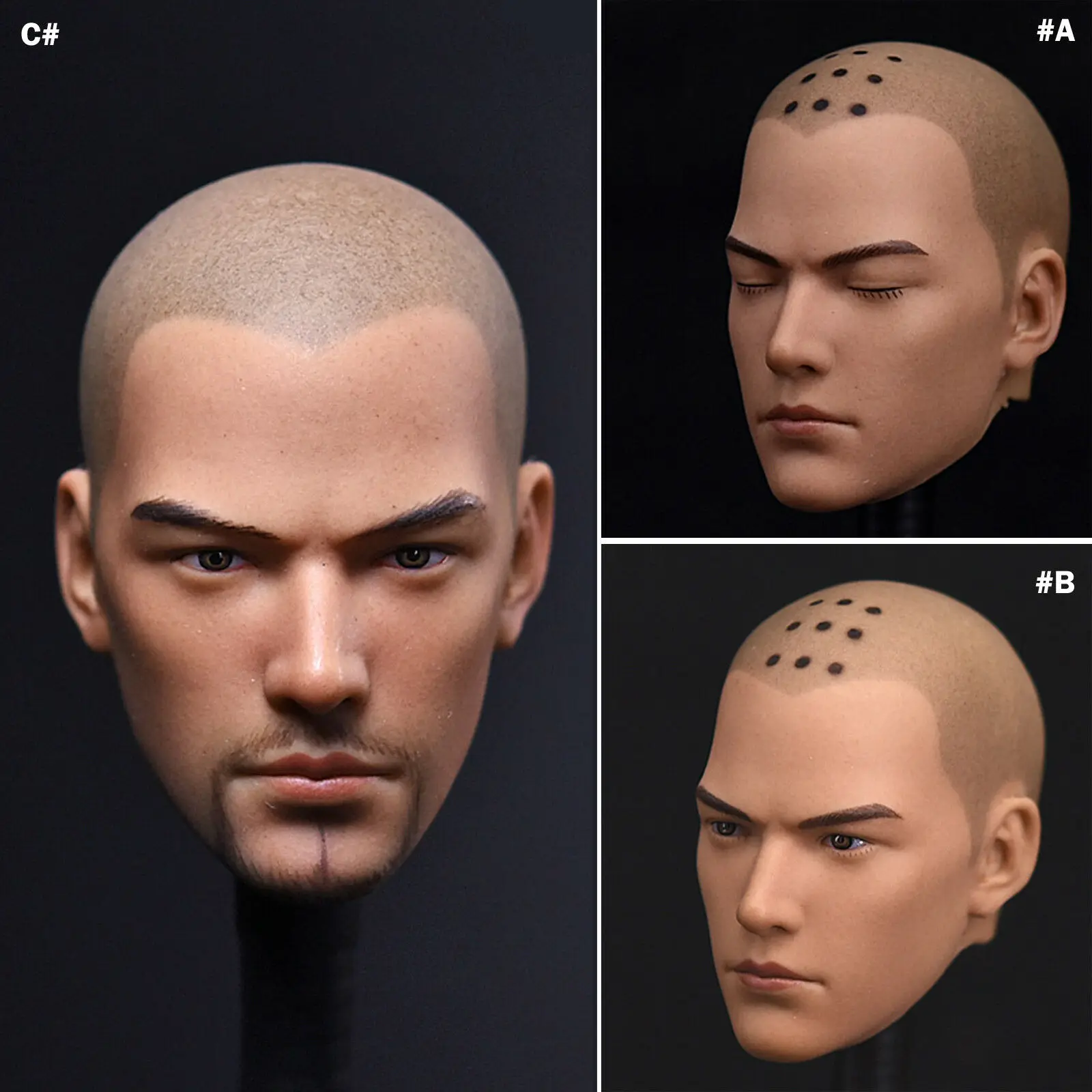 Asura Calvous Buddhist Head Model 1//6 Scale PVC Unbearded Male Head Carving