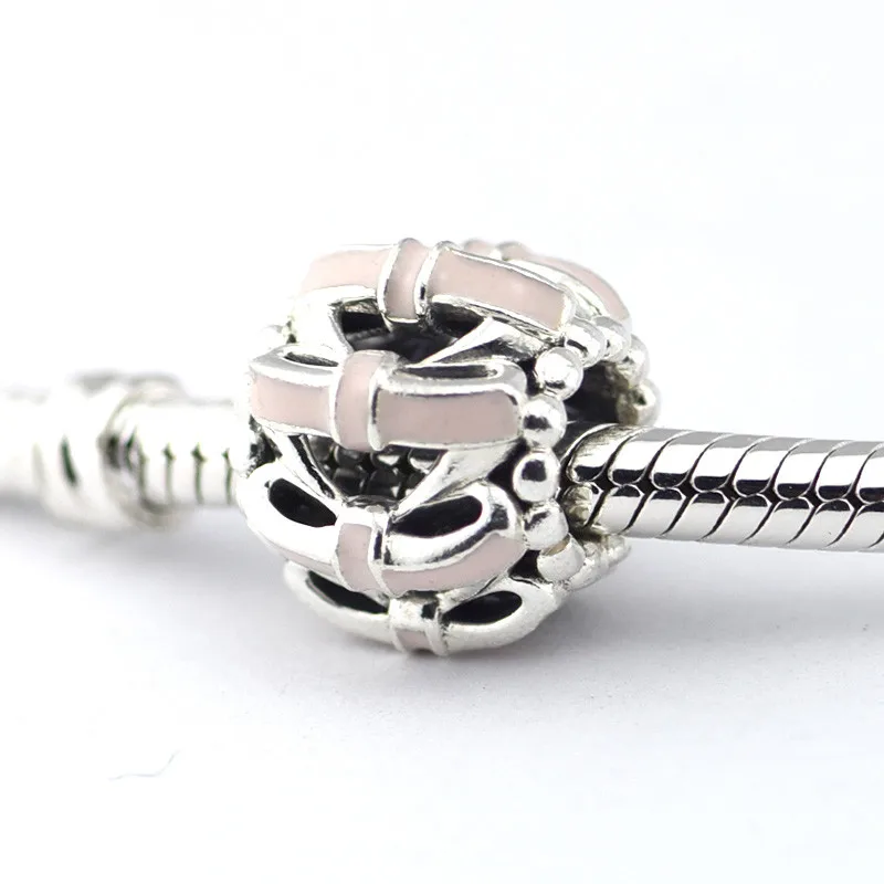 

925 Sterling Silver Charms Beads Hollow Pink Bow Beads Silver Charm Fashion DIY Jewelry For Women Bracelet & Choker Wholesale