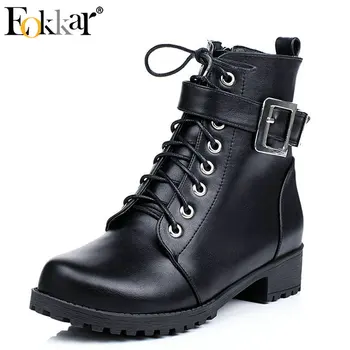 

Eokkar 2019 Wome Ankle Boots Lace Boots Square Heel Fashion Pu Leather Black Yellow Street Style Winter Women Shoes Size 34-43