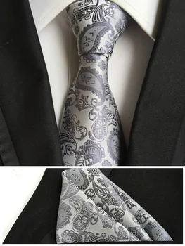 

Fashion Ties Classic Men Silver Gray Necktie Set with High Quality Handkerchief