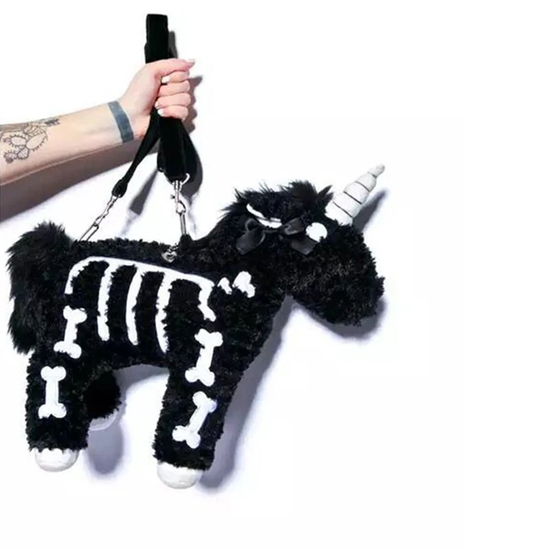 

2018 Dark Punk Style Personality Fashion Dark Trends Plush Unicorn Modeling Shoulder Bag Ladies Handbag Messenger bags