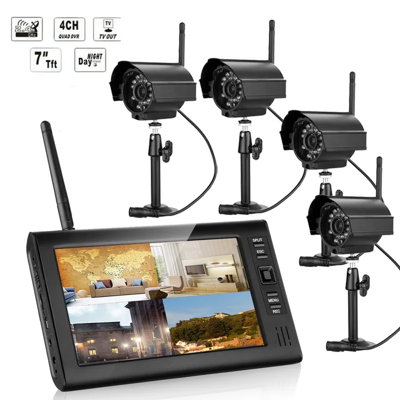  7 Inch Monitor Wireless CCTV Kit 2.4GHz 4CH Channel CCTV DVR 4PCS Wireless Cameras Audio Night Visi - 32768332479